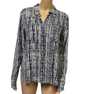 Anthropologie Holding Horses Navy Cream Button Up Long Slv Double Pocket Blouse